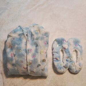 Sleep On It Blue Rainbow Kids Pajama Robe and Slippers Set Size 10-12